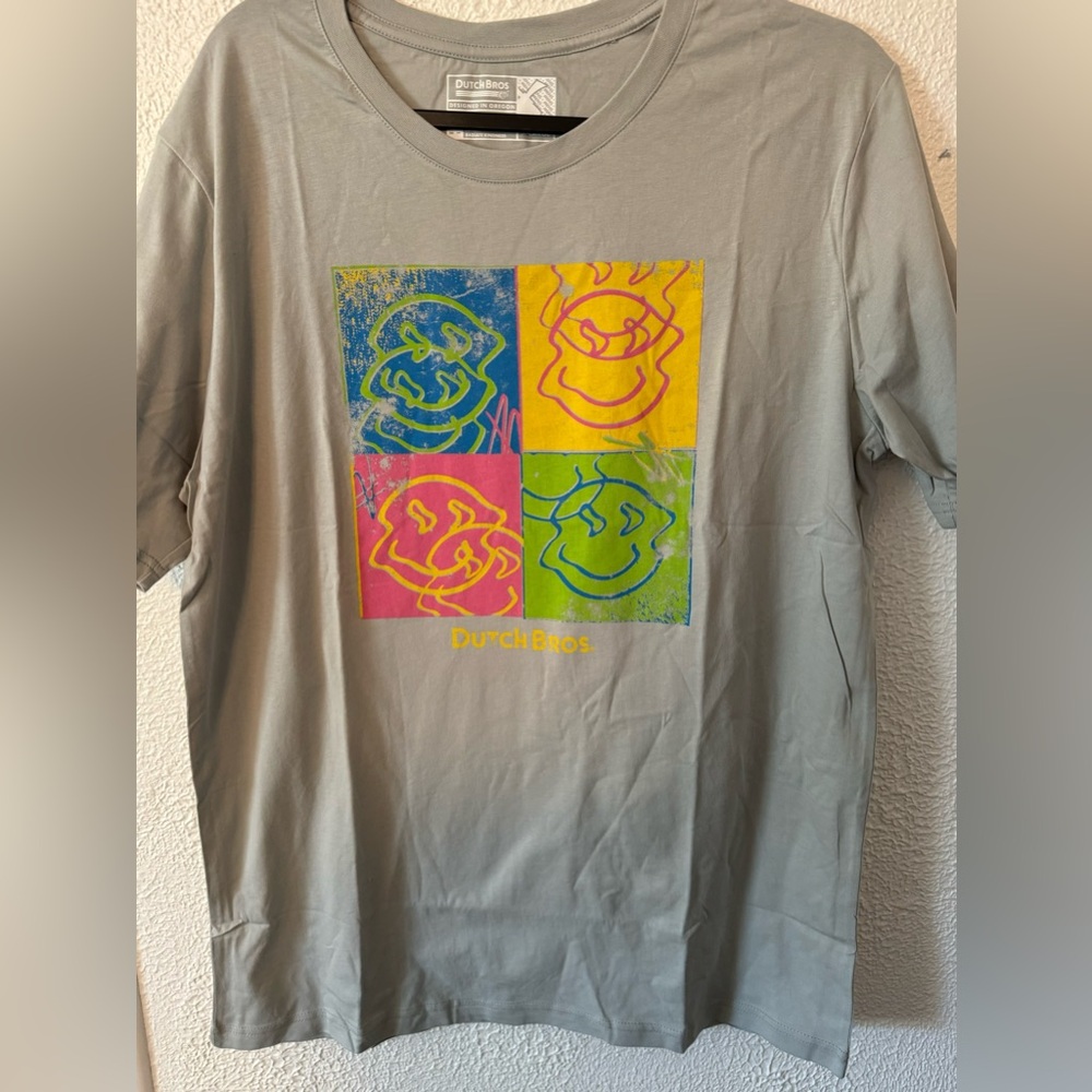 Dutch Bros Gray Short Sleeve Tee with Neon Pop Art Squares